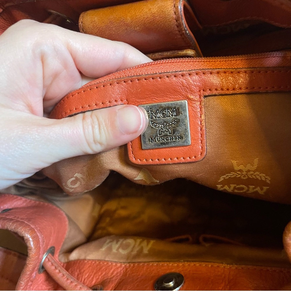 MCM Visetos Jacquard Bucket Bag Drawstring Crossbody Shoulder Brown Orange - Picture 7 of 16